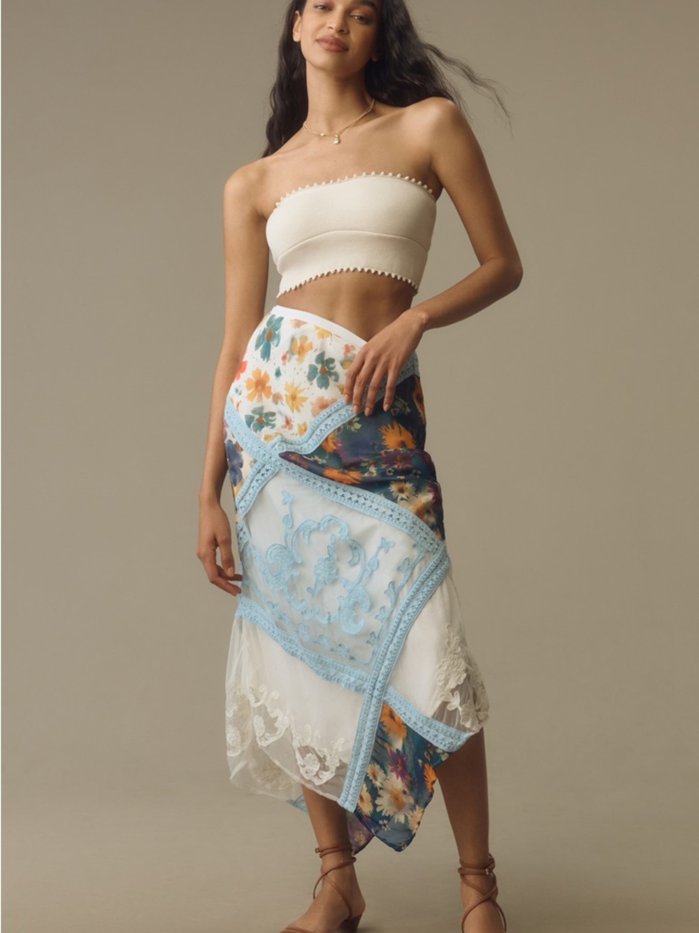 Anthropologie Floral Patchwork Asymmetrical Skirt in White, Blue, Tan, Green